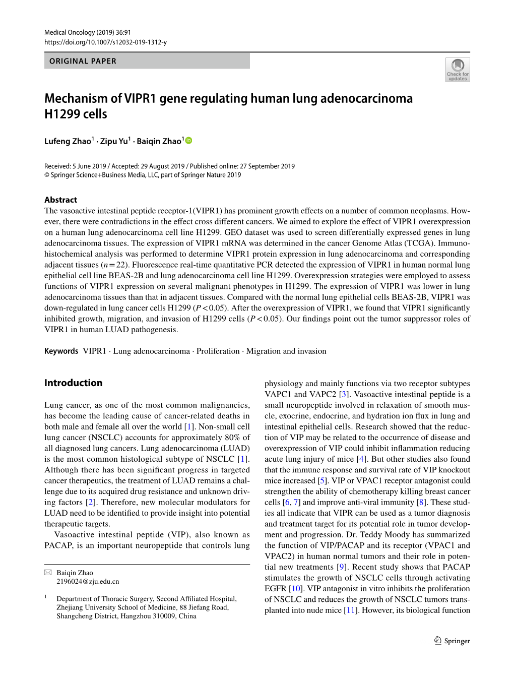 Mechanism of VIPR1 Gene Regulating Human Lung Adenocarcinoma H1299 Cells