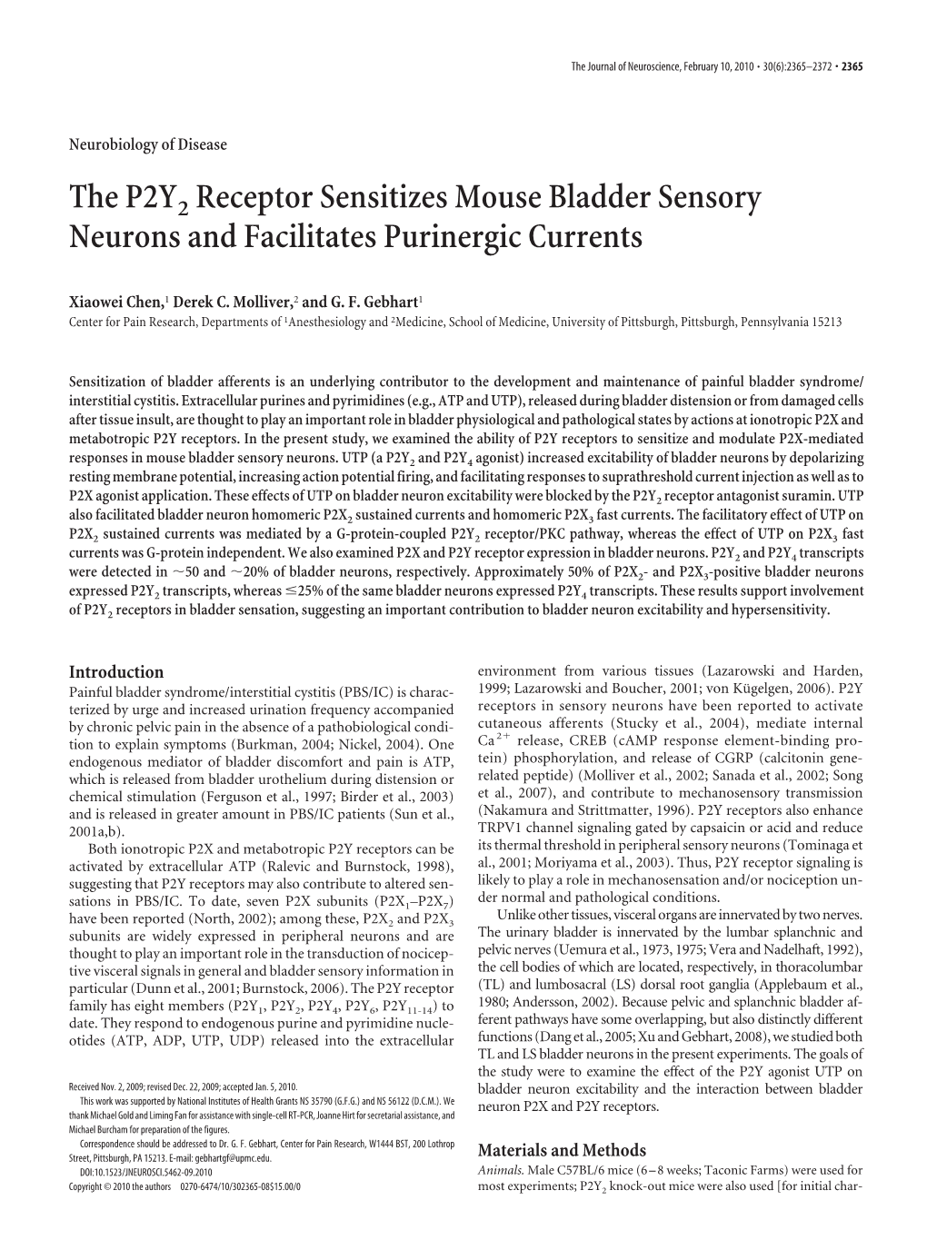 The P2Y2 Receptor Sensitizes Mouse Bladder Sensory Neurons and Facilitates Purinergic Currents