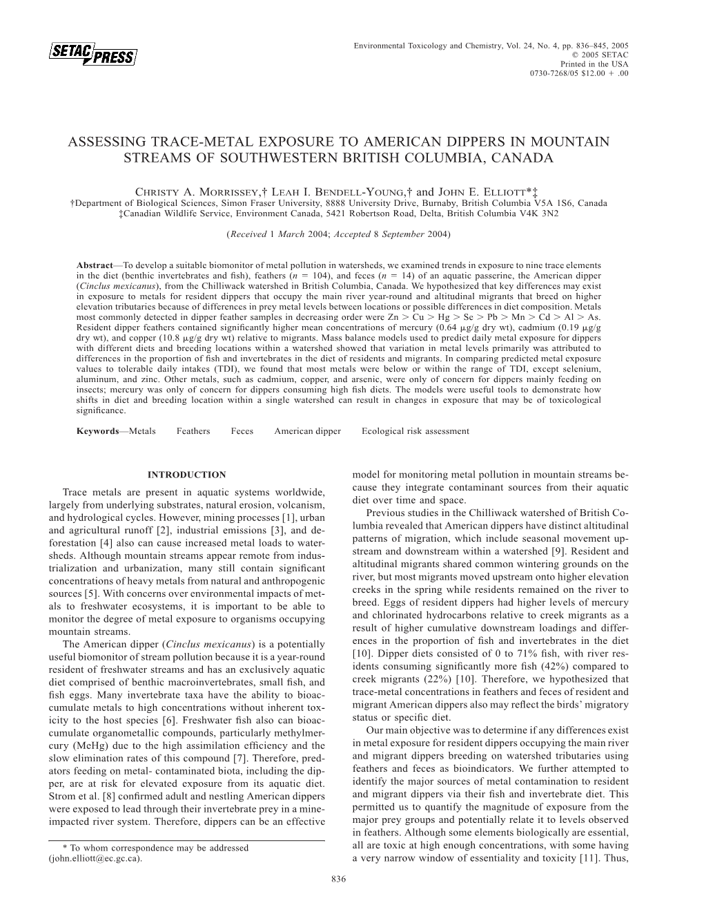 Assessing Trace-Metal Exposure to American Dippers in Mountain Streams of Southwestern British Columbia, Canada