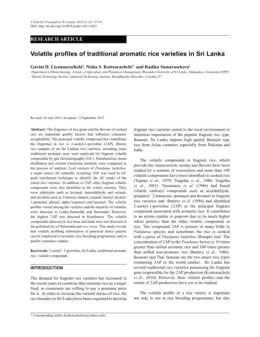 Volatile Profiles of Traditional Aromatic Rice Varieties in Sri Lanka