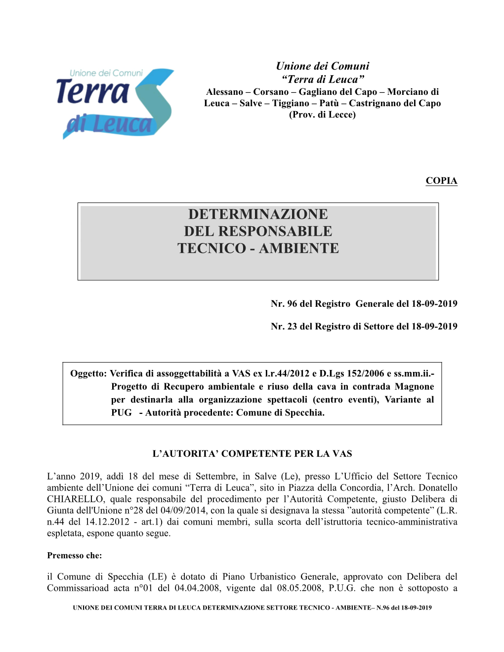 Page 1 Unione Dei Comuni "Terra Di Leuca" Sano
