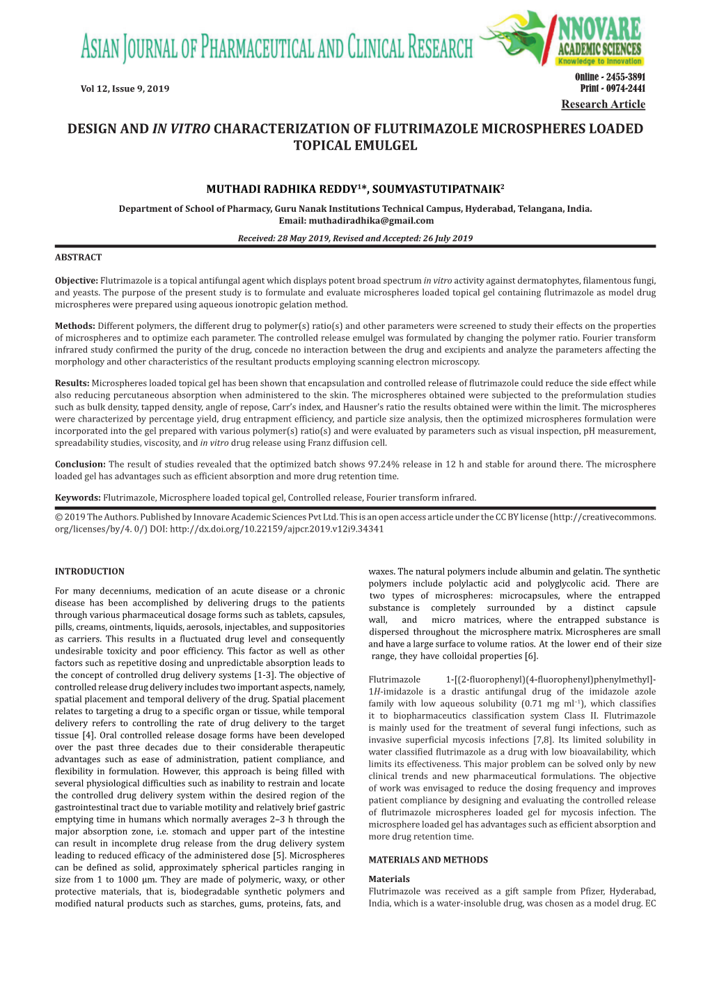 Design and in Vitro Characterization of Flutrimazole Microspheres Loaded Topical Emulgel