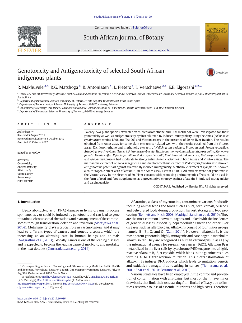 Genotoxicity and Antigenotoxicity of Selected South African Indigenous Plants