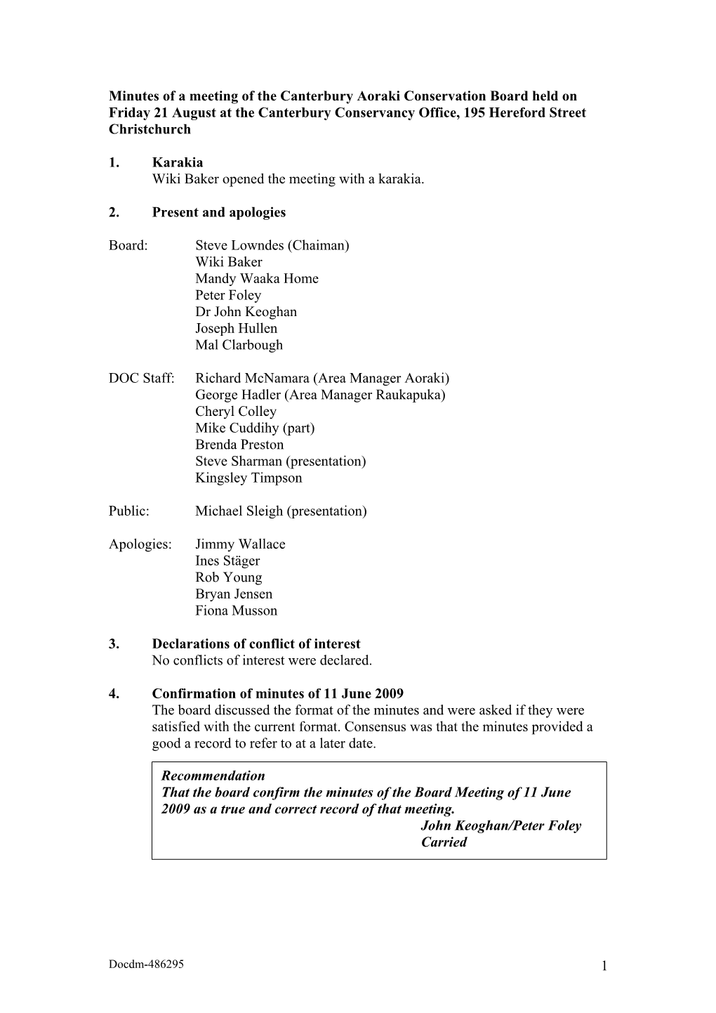 Canterbury Aoraki Conservation Board Minutes August 2009