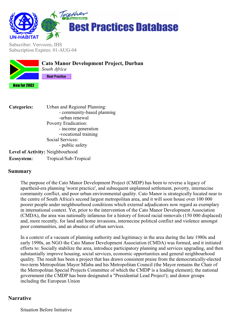 Best Practices Database: Cato Manor Development Project, Durban Page 1 of 6