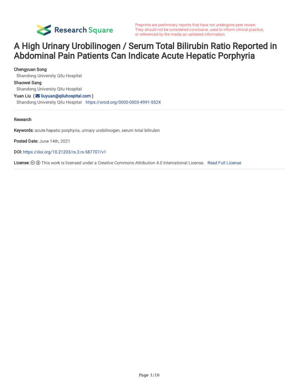 A High Urinary Urobilinogen / Serum Total Bilirubin Ratio Reported in Abdominal Pain Patients Can Indicate Acute Hepatic Porphyria