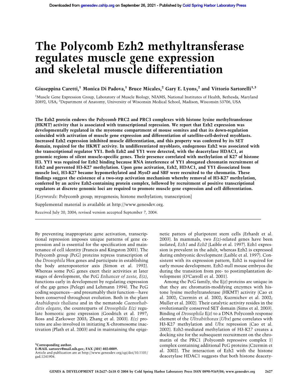 The Polycomb Ezh2 Methyltransferase Regulates Muscle Gene Expression and Skeletal Muscle Differentiation