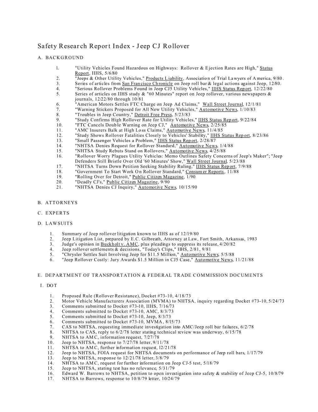 Safety Research Report Index - Jeep CJ Rollover