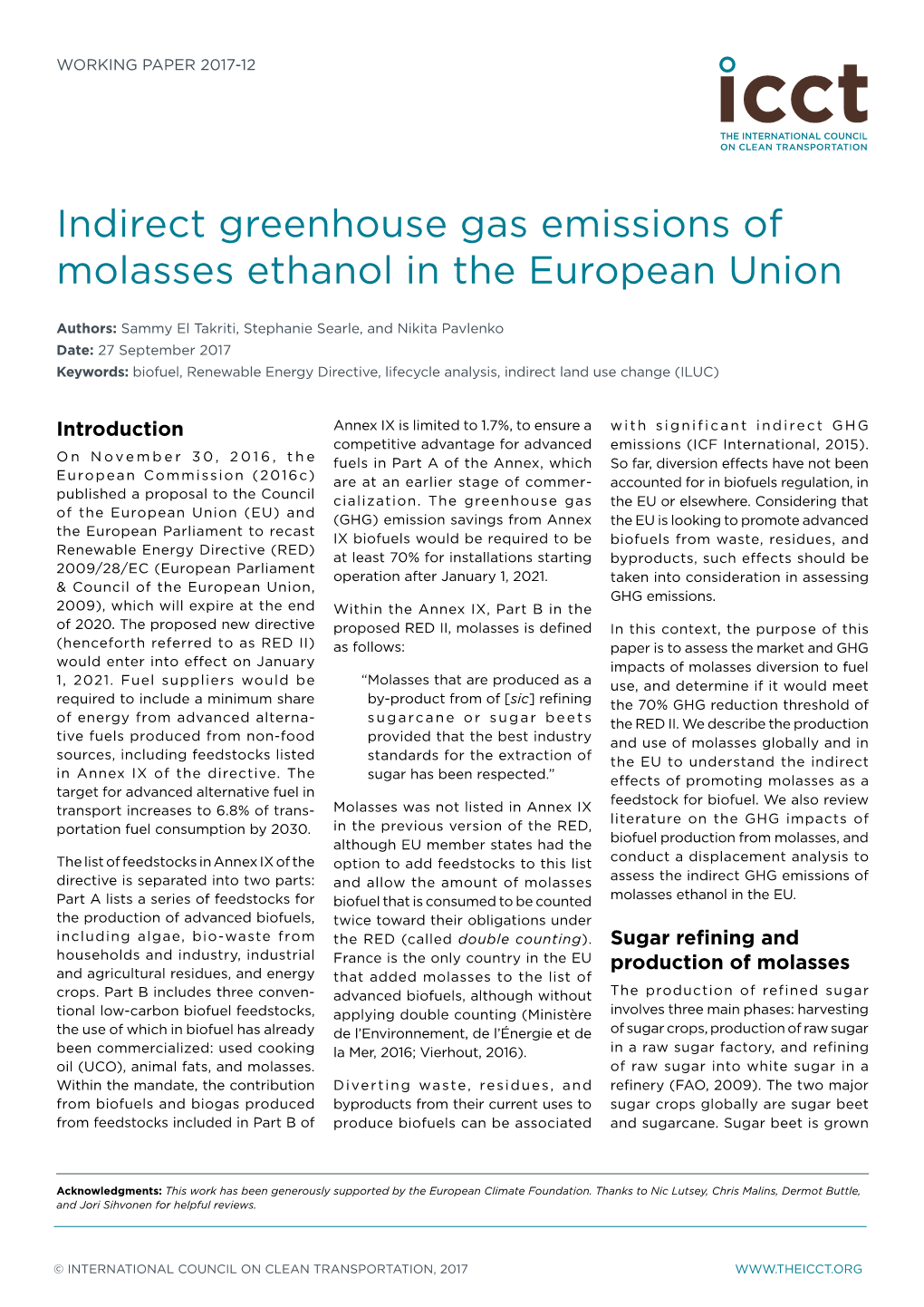 Indirect Greenhouse Gas Emissions of Molasses Ethanol in the European Union