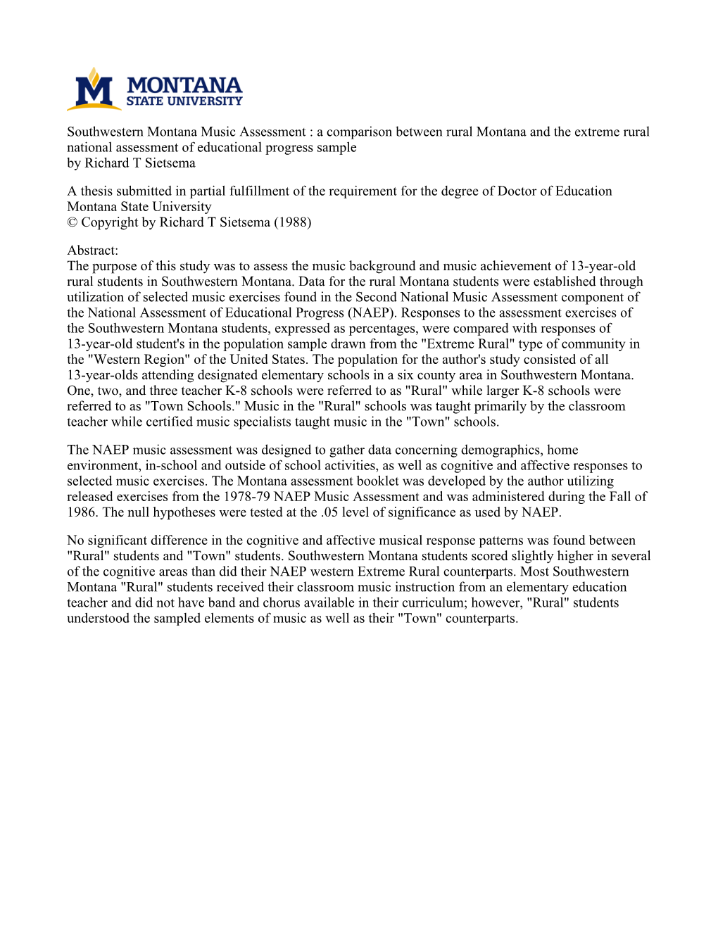 Southwestern Montana Music Assessment : a Comparison Between Rural Montana and the Extreme Rural National Assessment of Educatio