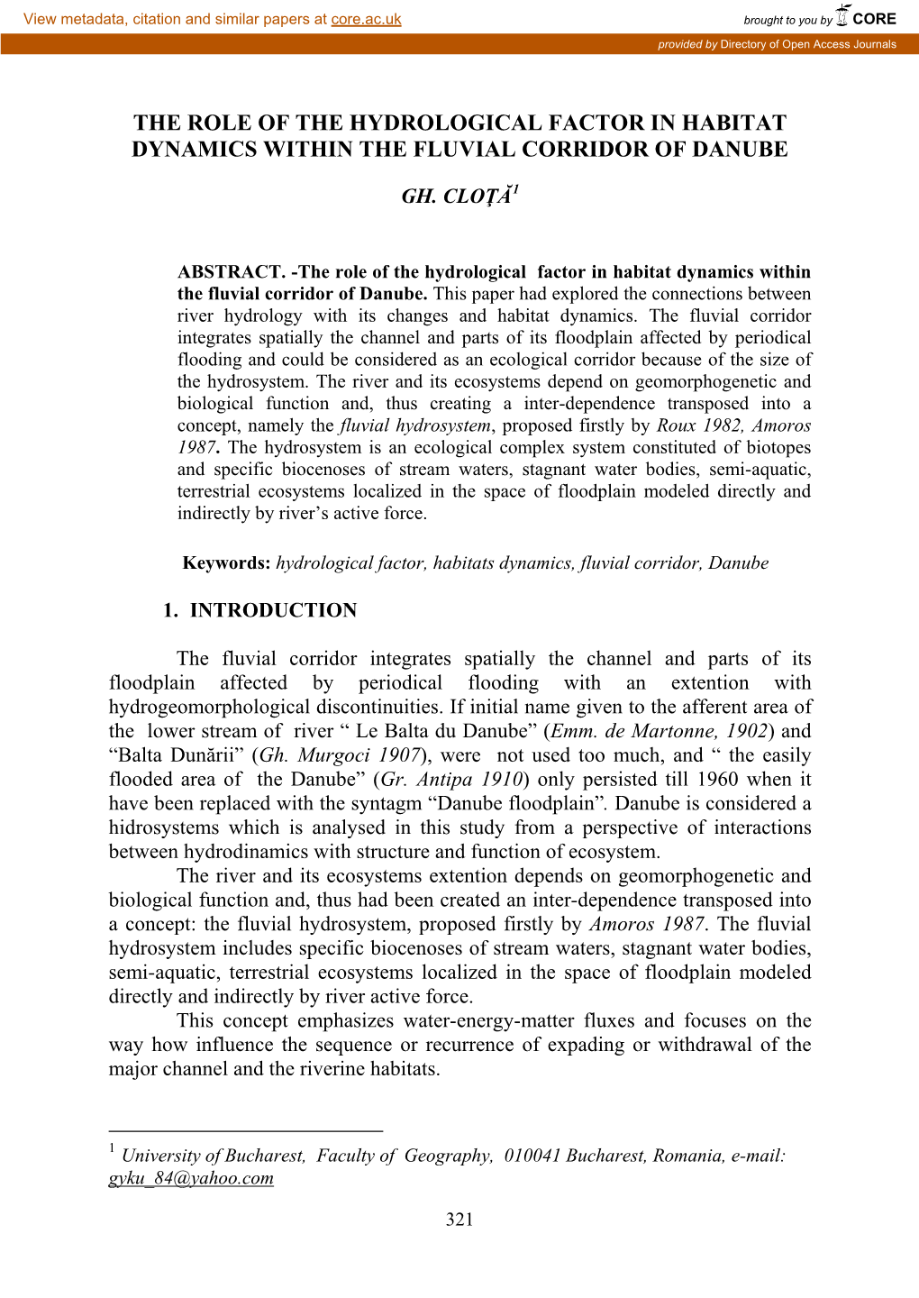 The Role of the Hydrological Factor in Habitat Dynamics Within the Fluvial Corridor of Danube