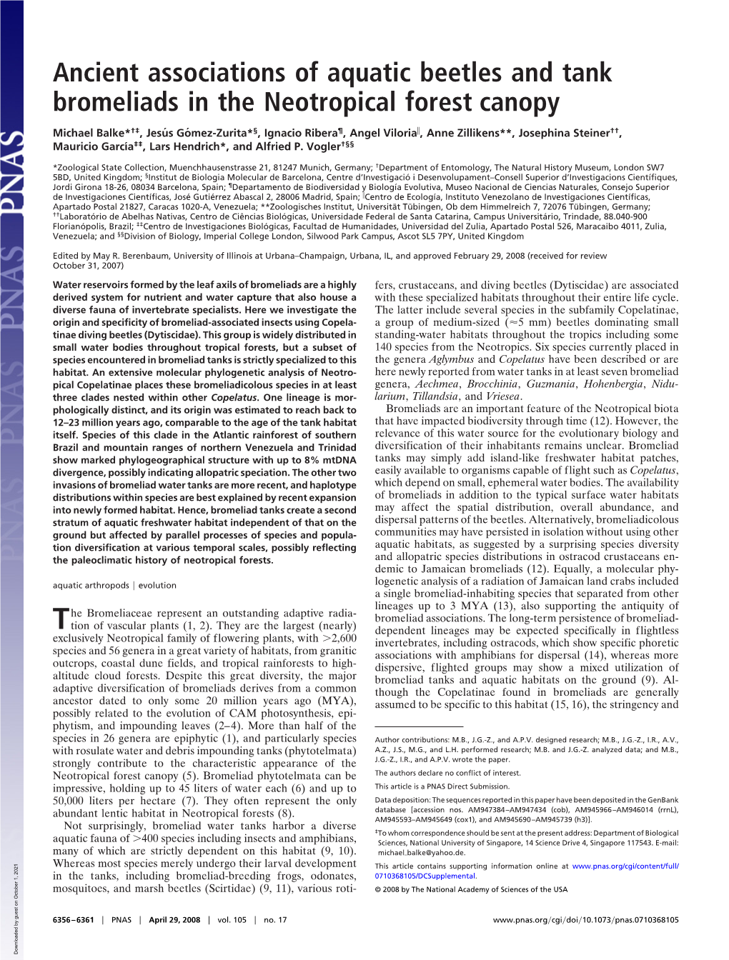 Ancient Associations of Aquatic Beetles and Tank Bromeliads in the Neotropical Forest Canopy