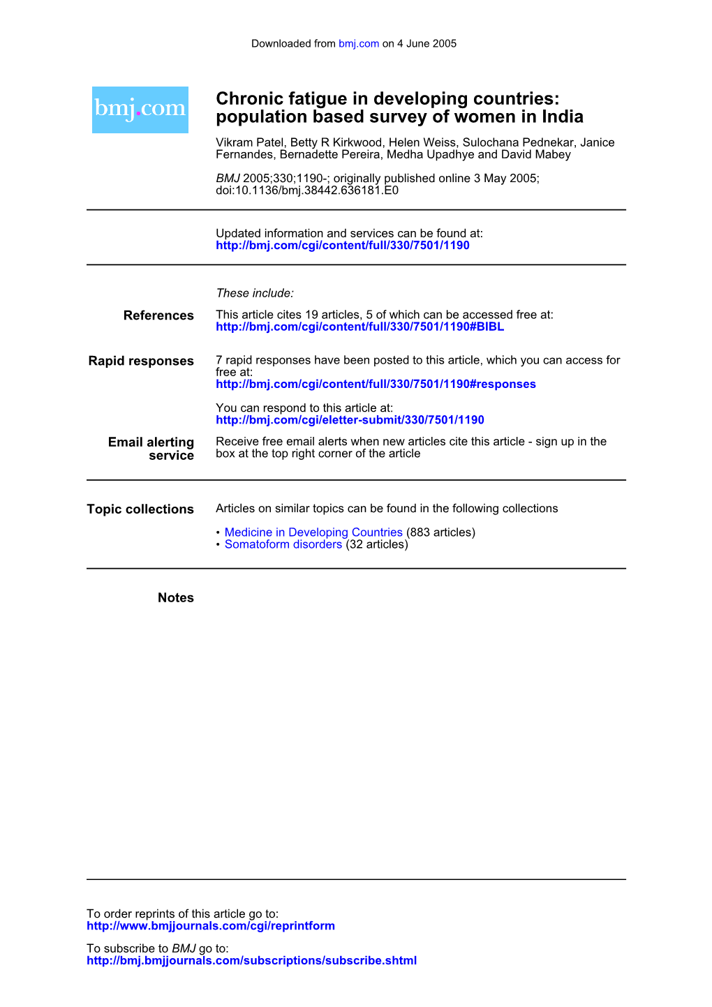 Population Based Survey of Women in India Chronic Fatigue In