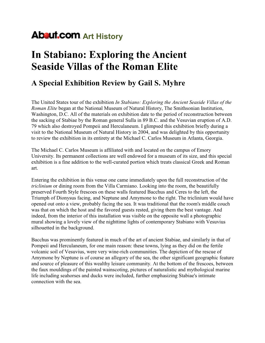 In Stabiano: Exploring the Ancient Seaside Villas of the Roman Elite a Special Exhibition Review by Gail S