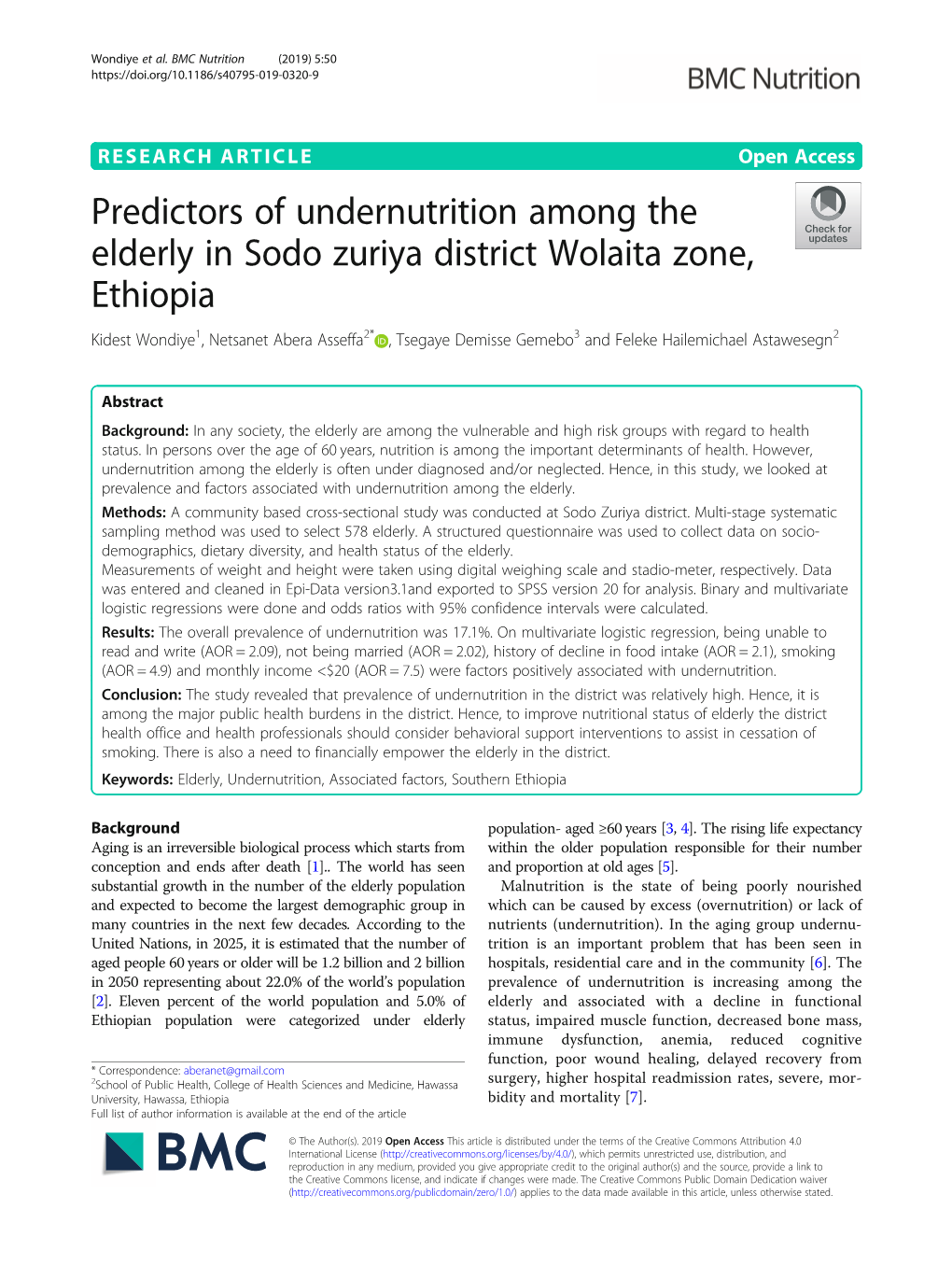 Predictors of Undernutrition Among the Elderly in Sodo Zuriya District
