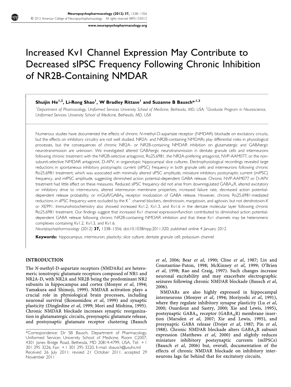 Increased Kv1 Channel Expression May Contribute to Decreased Sipsc Frequency Following Chronic Inhibition of NR2B-Containing NMDAR