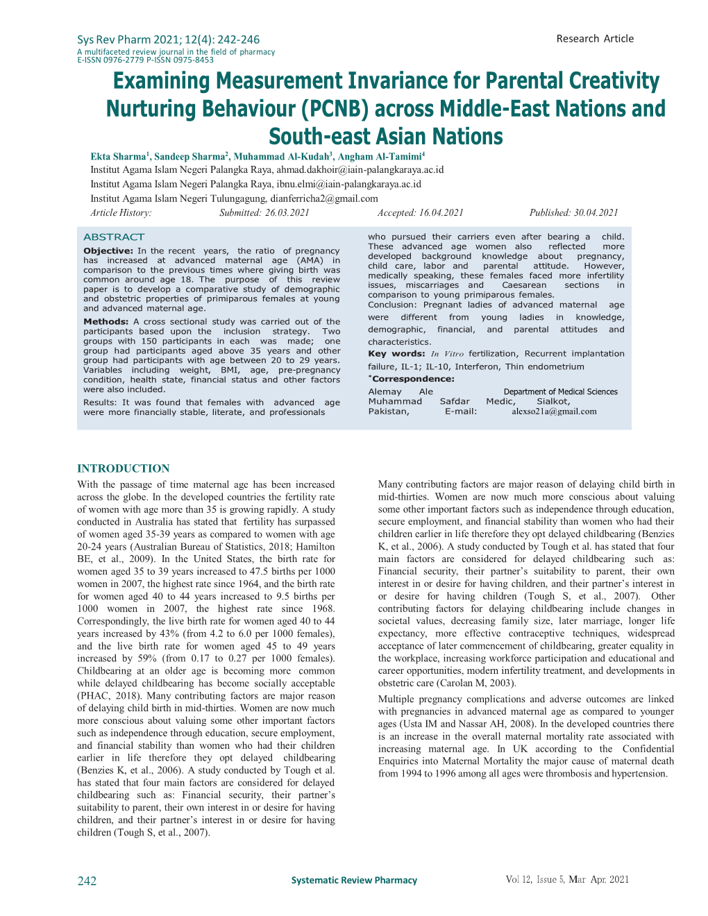 Examining Measurement Invariance for Parental Creativity Nurturing Behaviour (PCNB) Across Middle-East Nations and South-East As