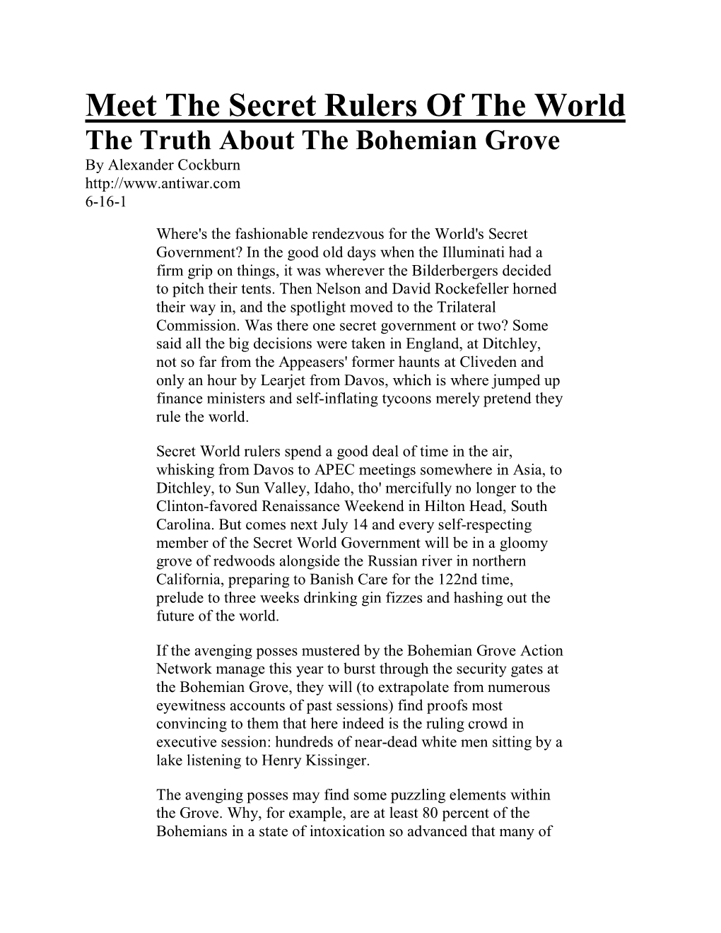 Meet the Secret Rulers of the World the Truth About the Bohemian Grove by Alexander Cockburn 6-16-1