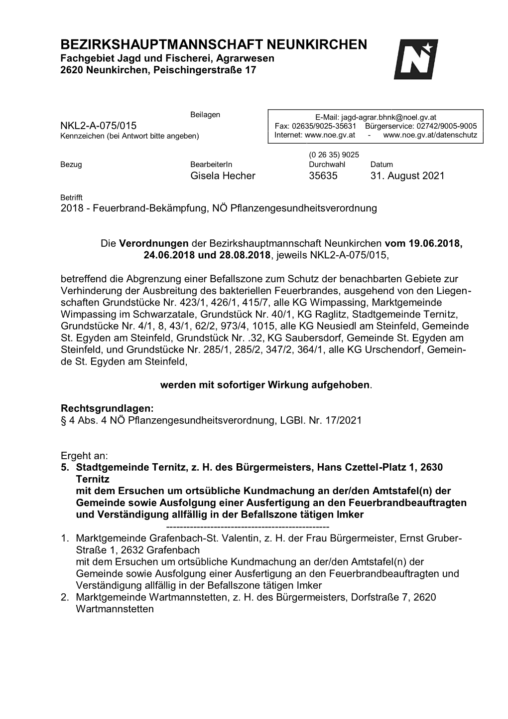 BEZIRKSHAUPTMANNSCHAFT NEUNKIRCHEN Fachgebiet Jagd Und Fischerei, Agrarwesen 2620 Neunkirchen, Peischingerstraße 17