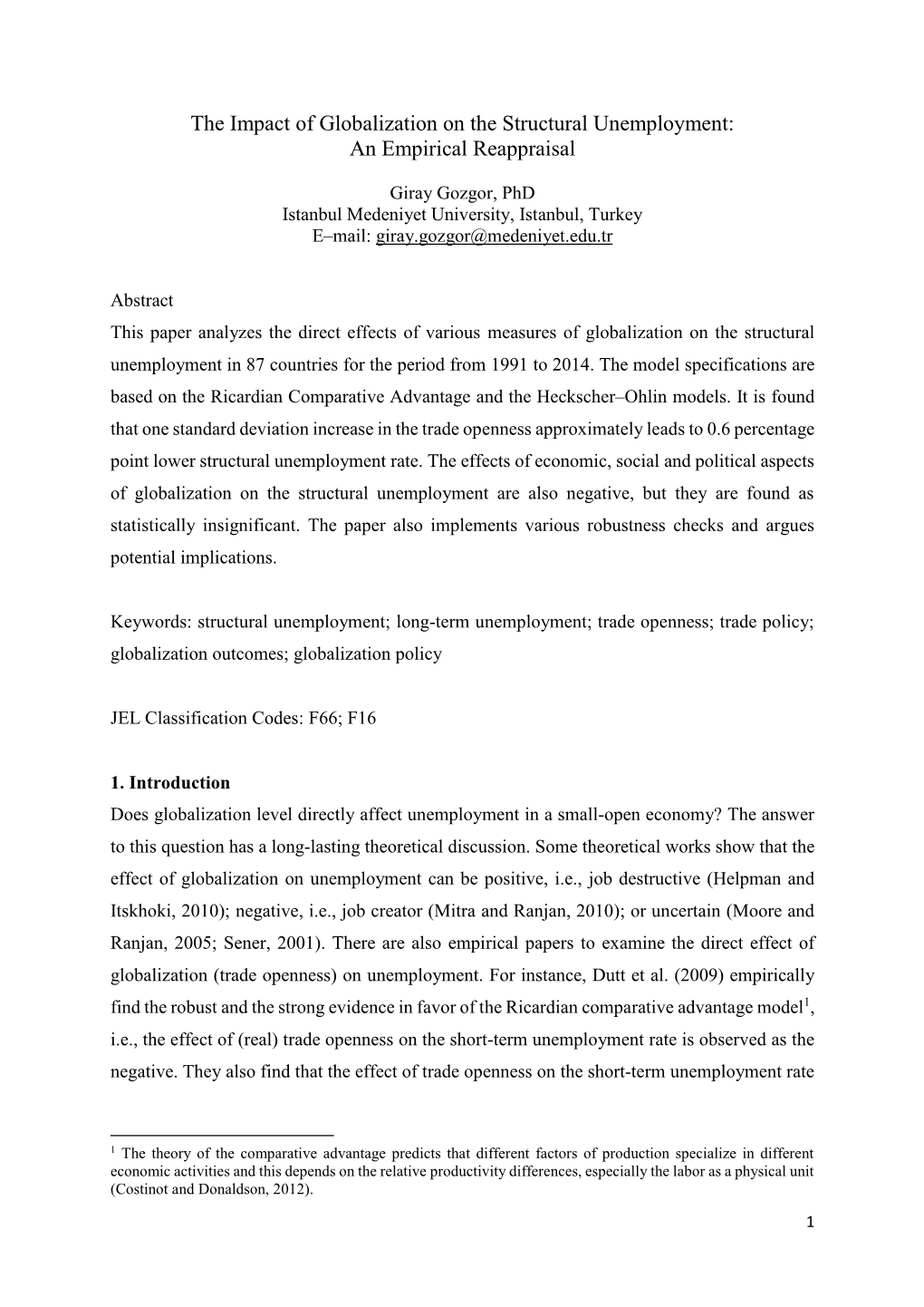 The Impact of Globalization on the Structural Unemployment: an Empirical Reappraisal