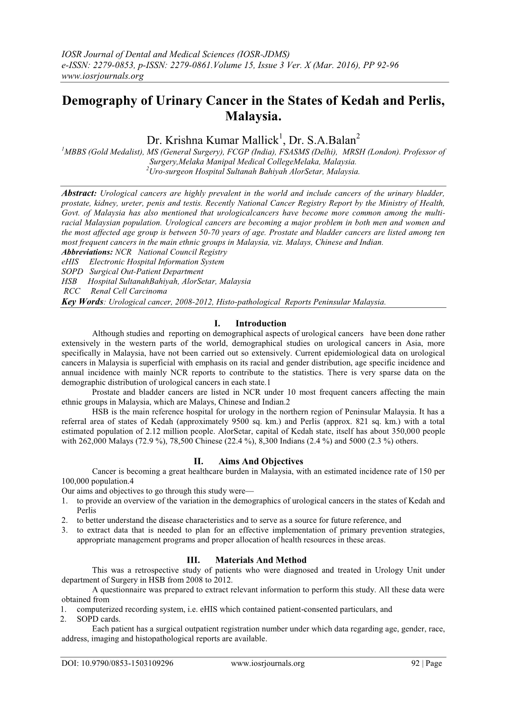 Demography of Urinary Cancer in the States of Kedah and Perlis, Malaysia