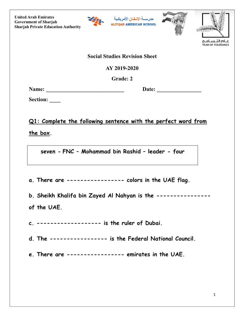 Social Studies Revision Sheet AY 2019-2020 Grade: 2 Name