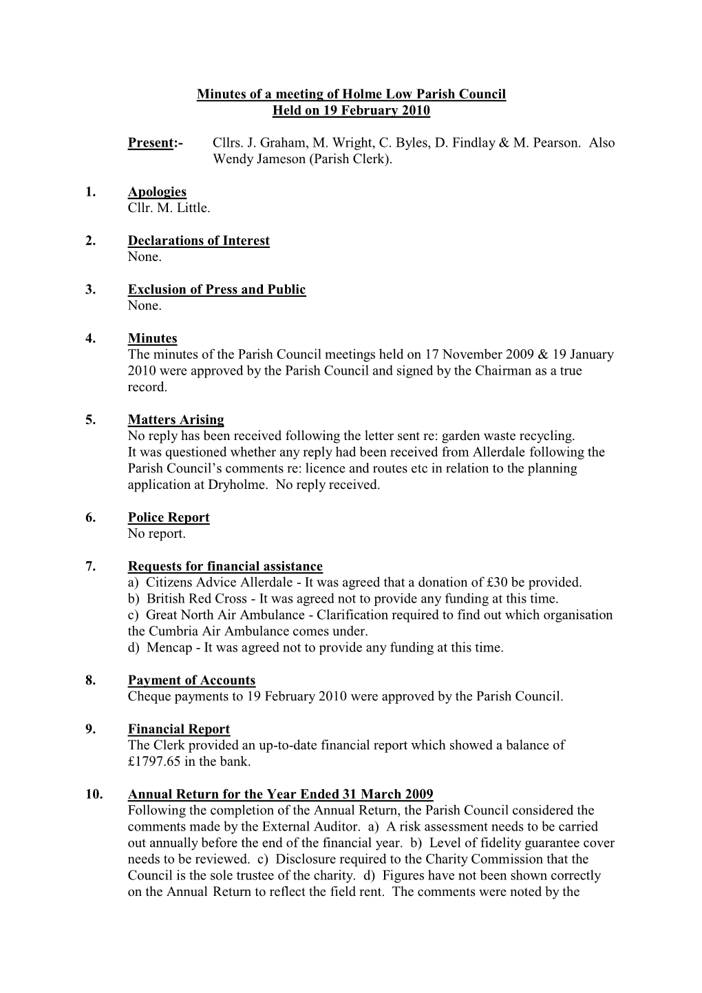 Minutes of a Meeting of Holme Low Parish Council Held on 19 February 2010