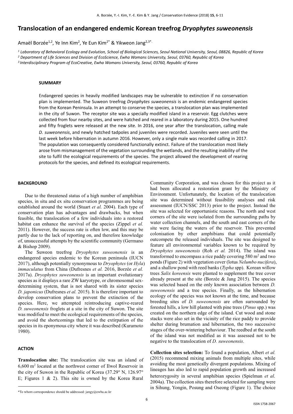 Translocation of an Endangered Endemic Korean Treefrog Dryophytes Suweonensis