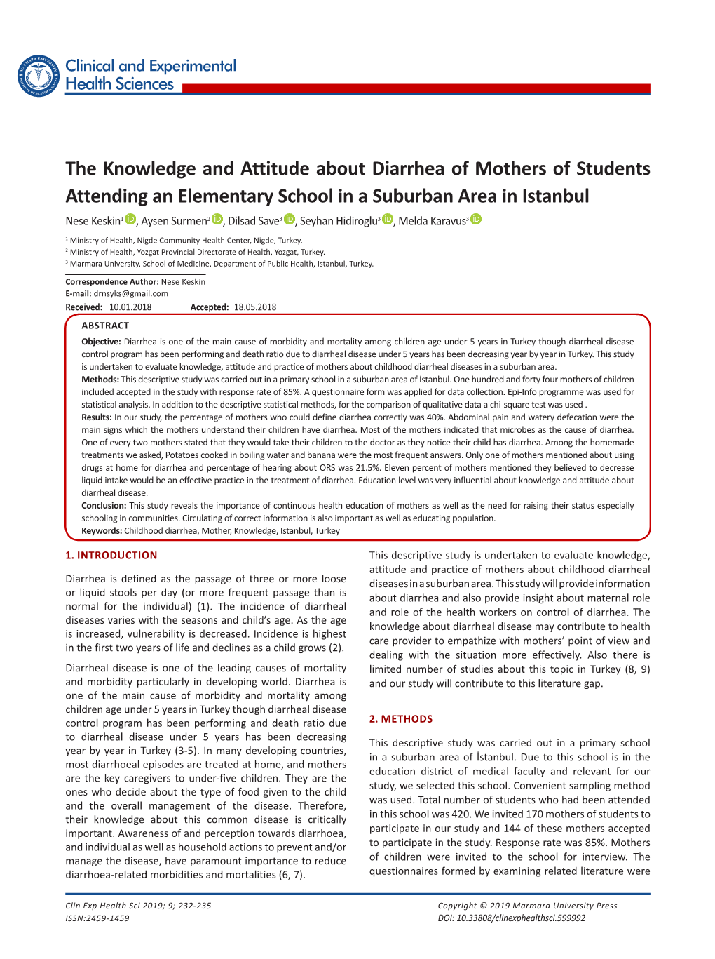 The Knowledge and Attitude About Diarrhea of Mothers of Students