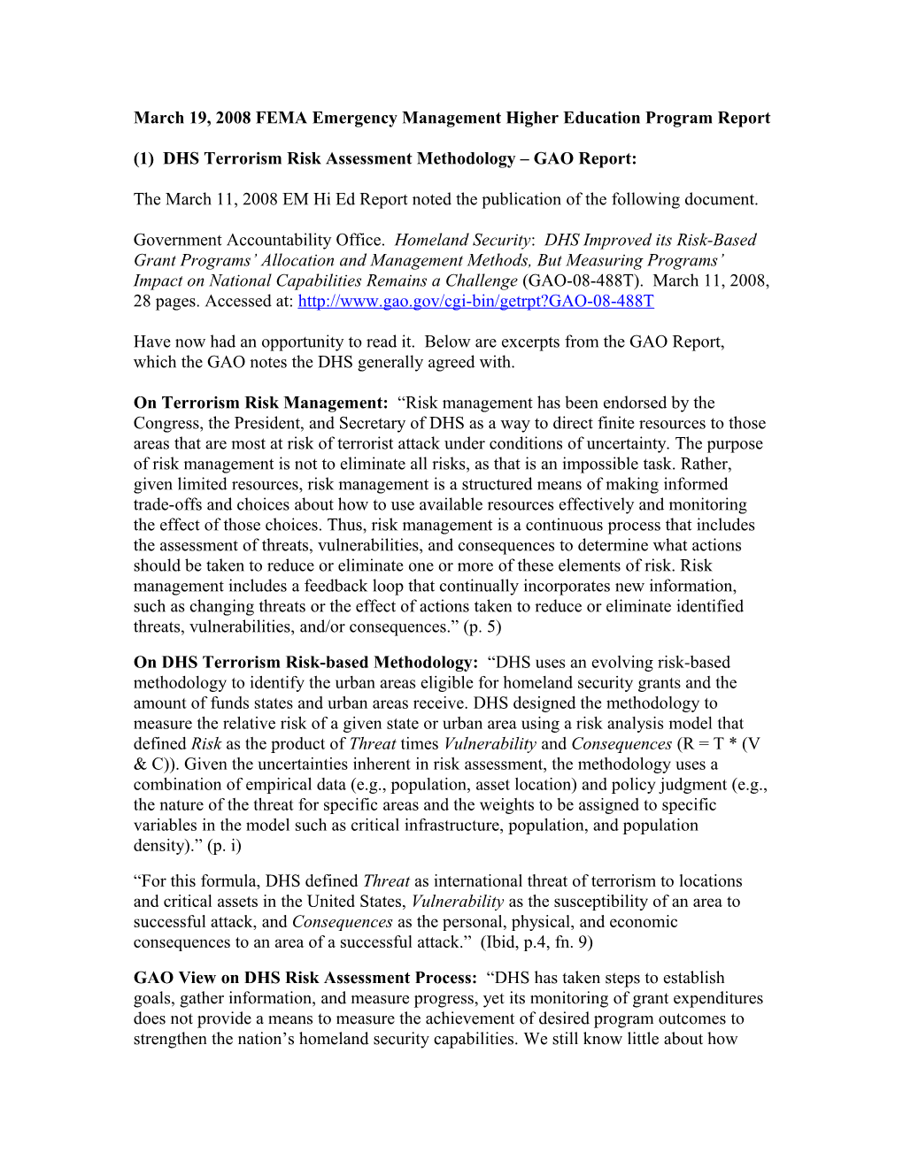 March 19, 2008 FEMA Emergency Management Higher Education Program Report