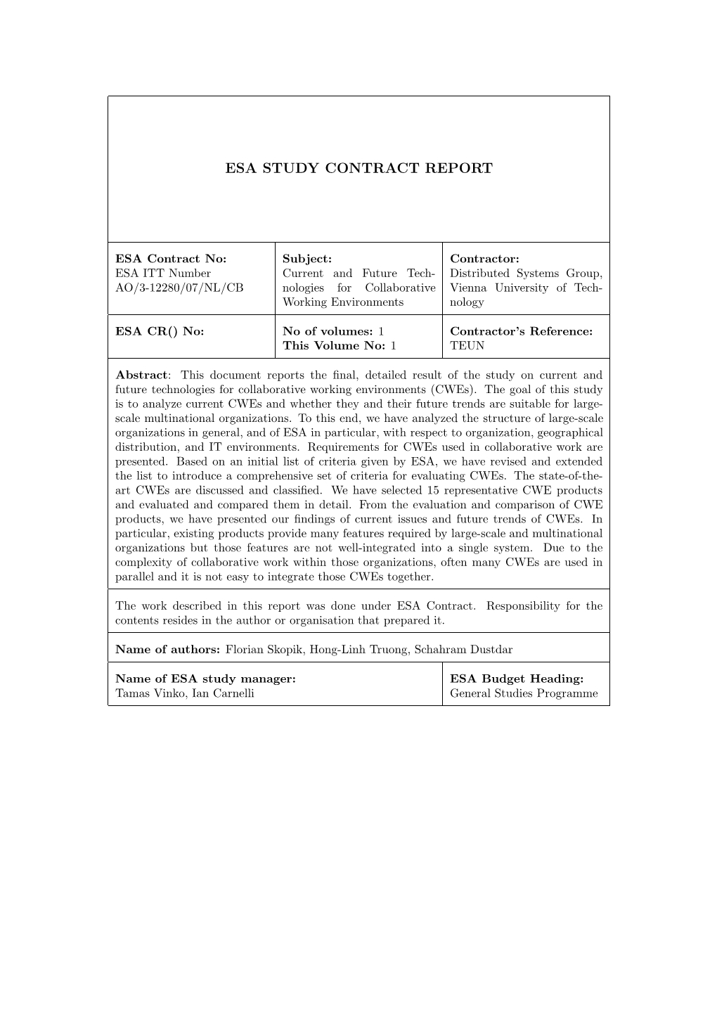 Esa Study Contract Report