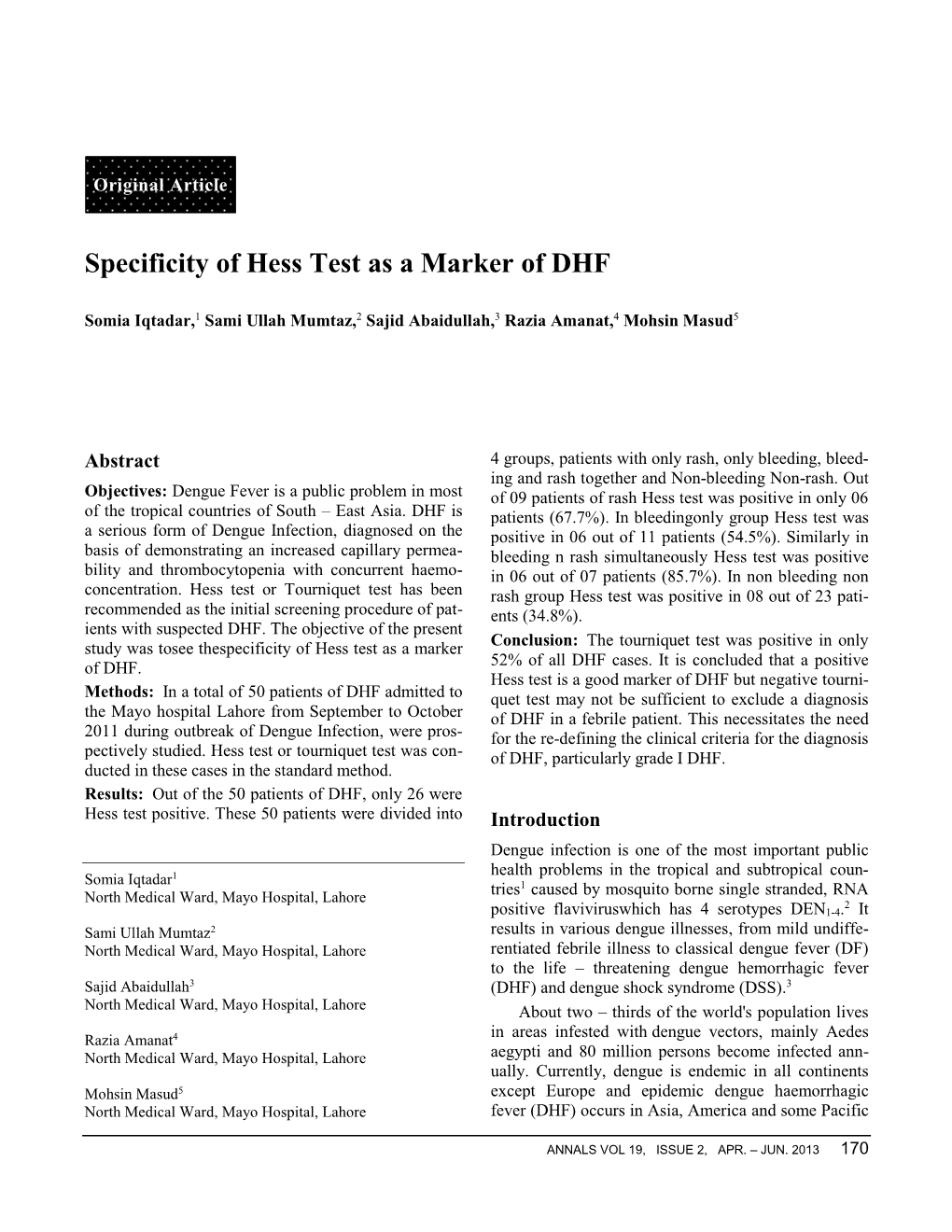 Specificity of Hess Test As a Marker of DHF