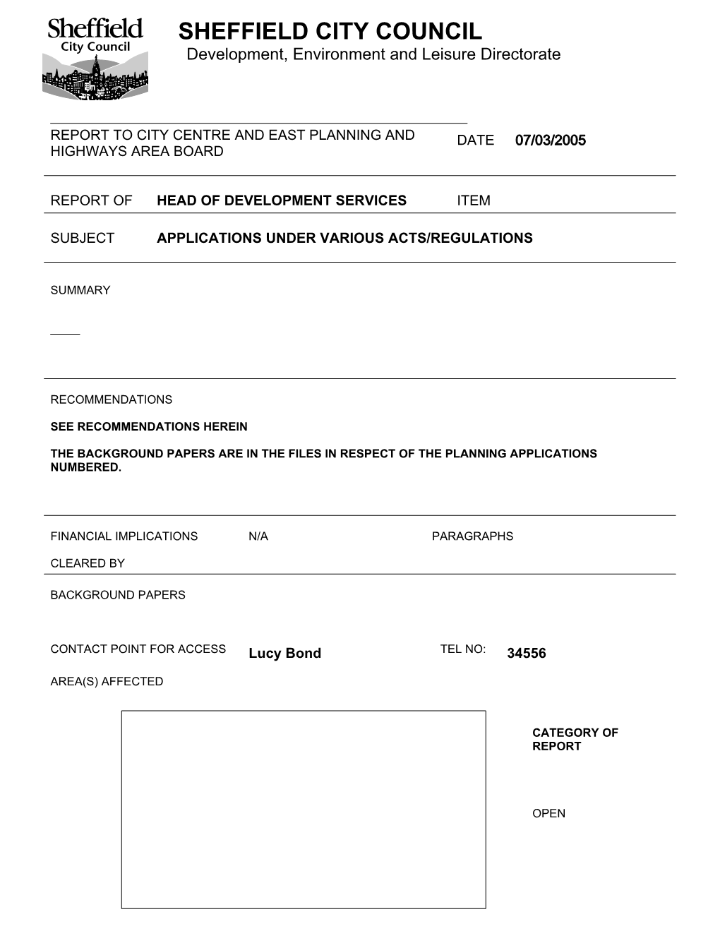 SHEFFIELD CITY COUNCIL Development, Environment and Leisure Directorate