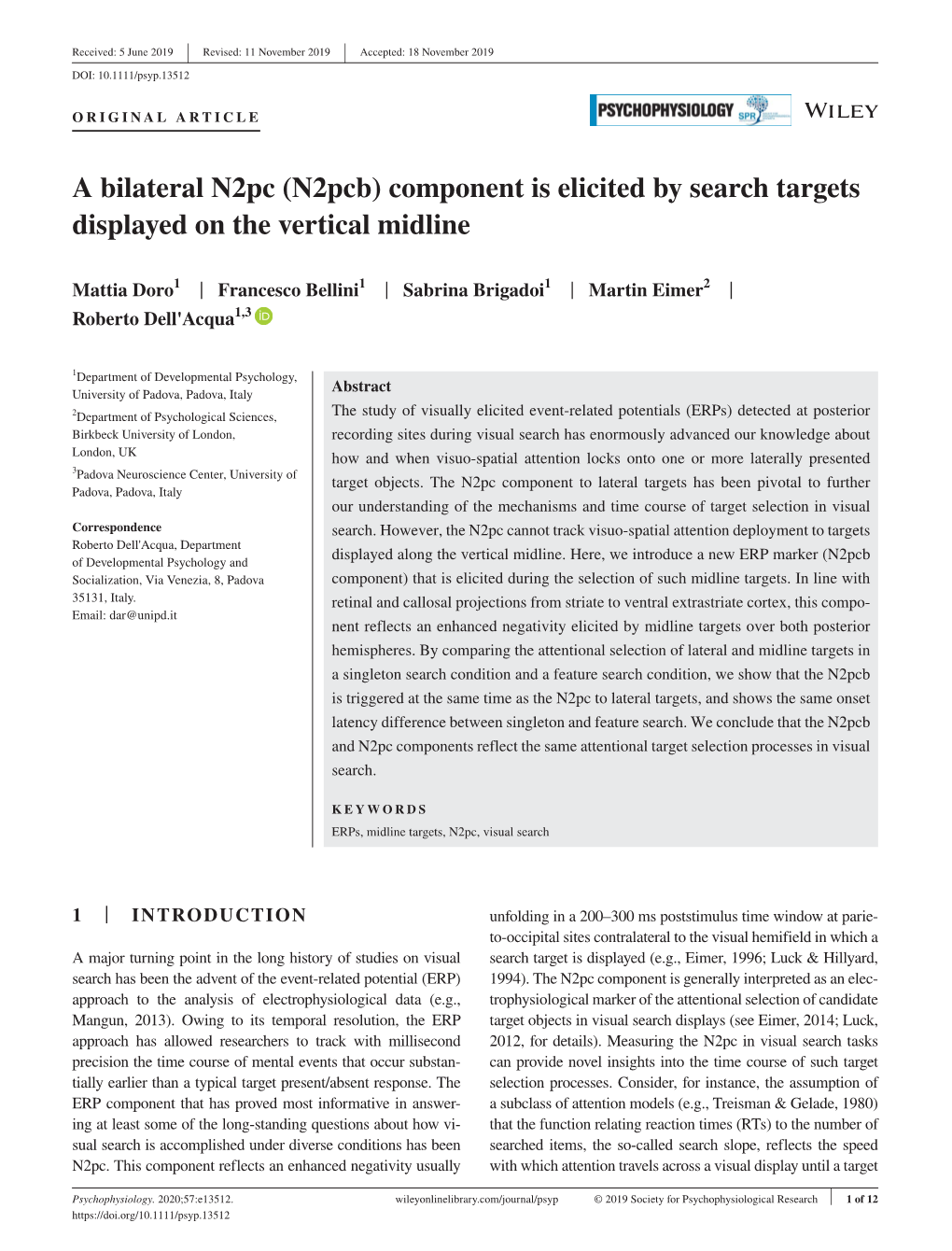 A Bilateral N2pc (N2pcb) Component Is Elicited by Search Targets Displayed on the Vertical Midline