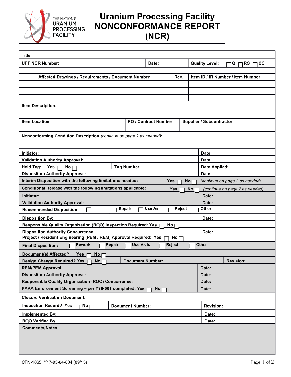 CFN-1065 UPF Nonconformance Construction Report (NCR) (Word)