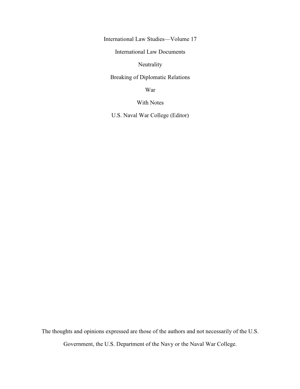 International Law Documents, Neutrality, Breaking of Diplomatic Relations