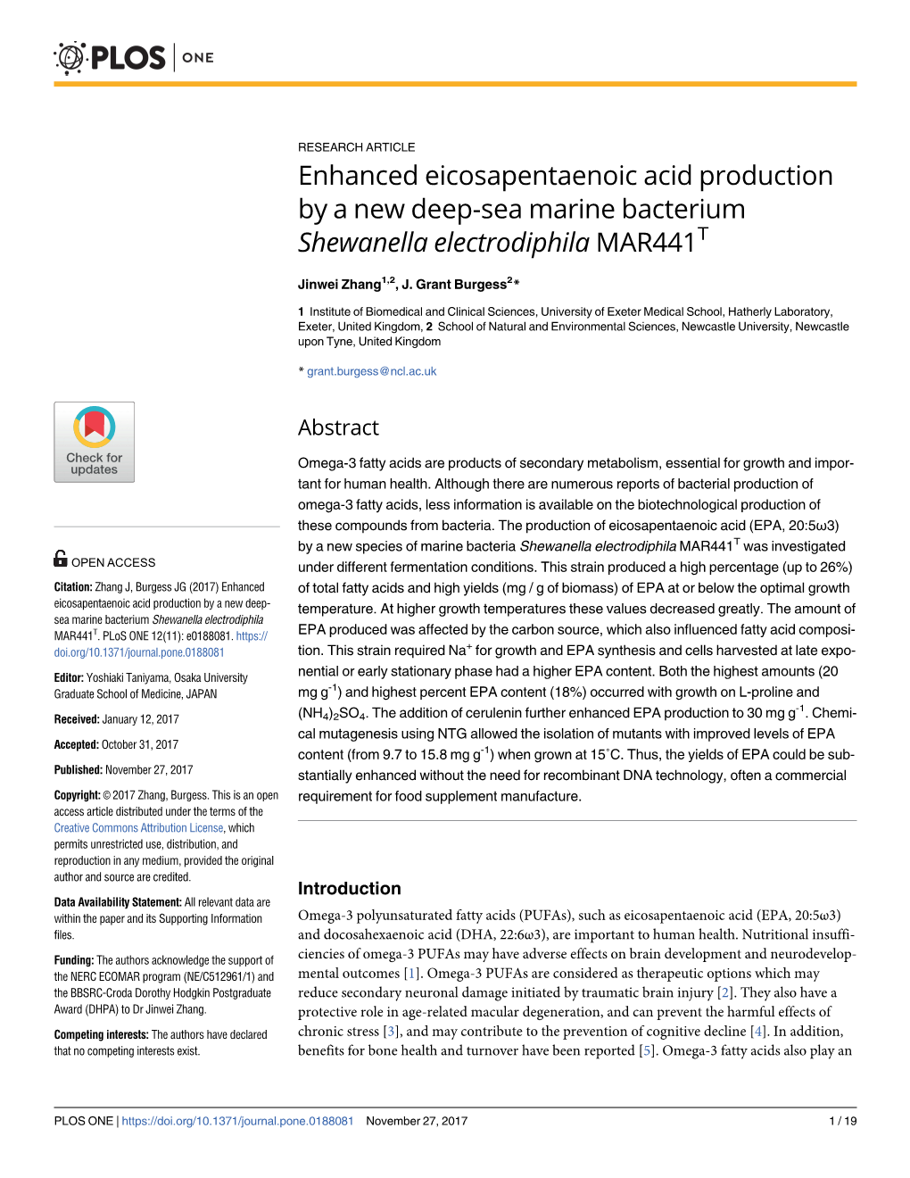 Enhanced Eicosapentaenoic Acid Production by a New Deep-Sea Marine Bacterium Shewanella Electrodiphila MAR441T