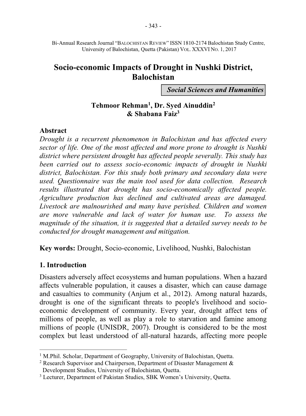 Socio-Economic Impacts of Drought in Nushki District, Balochistan Social Sciences and Humanities