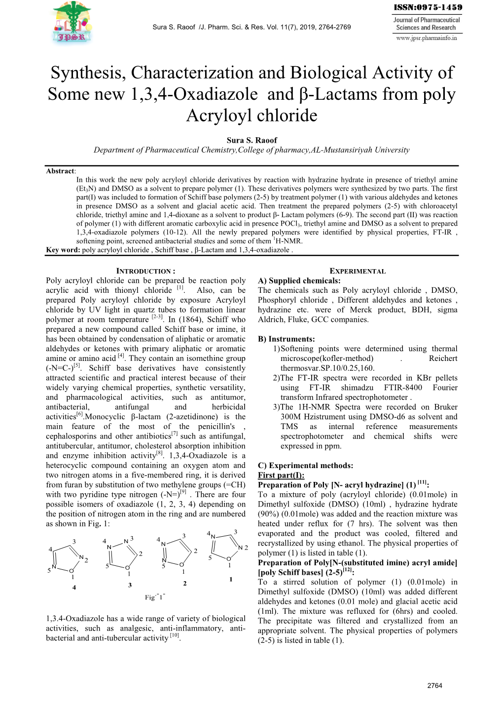 Synthesis, Characterization and Biological Activity of Some New 1,3,4-Oxadiazole and Β-Lactams from Poly Acryloyl Chloride