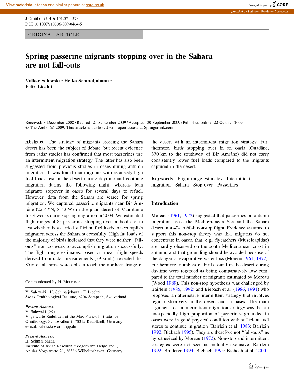 Spring Passerine Migrants Stopping Over in the Sahara Are Not Fall-Outs