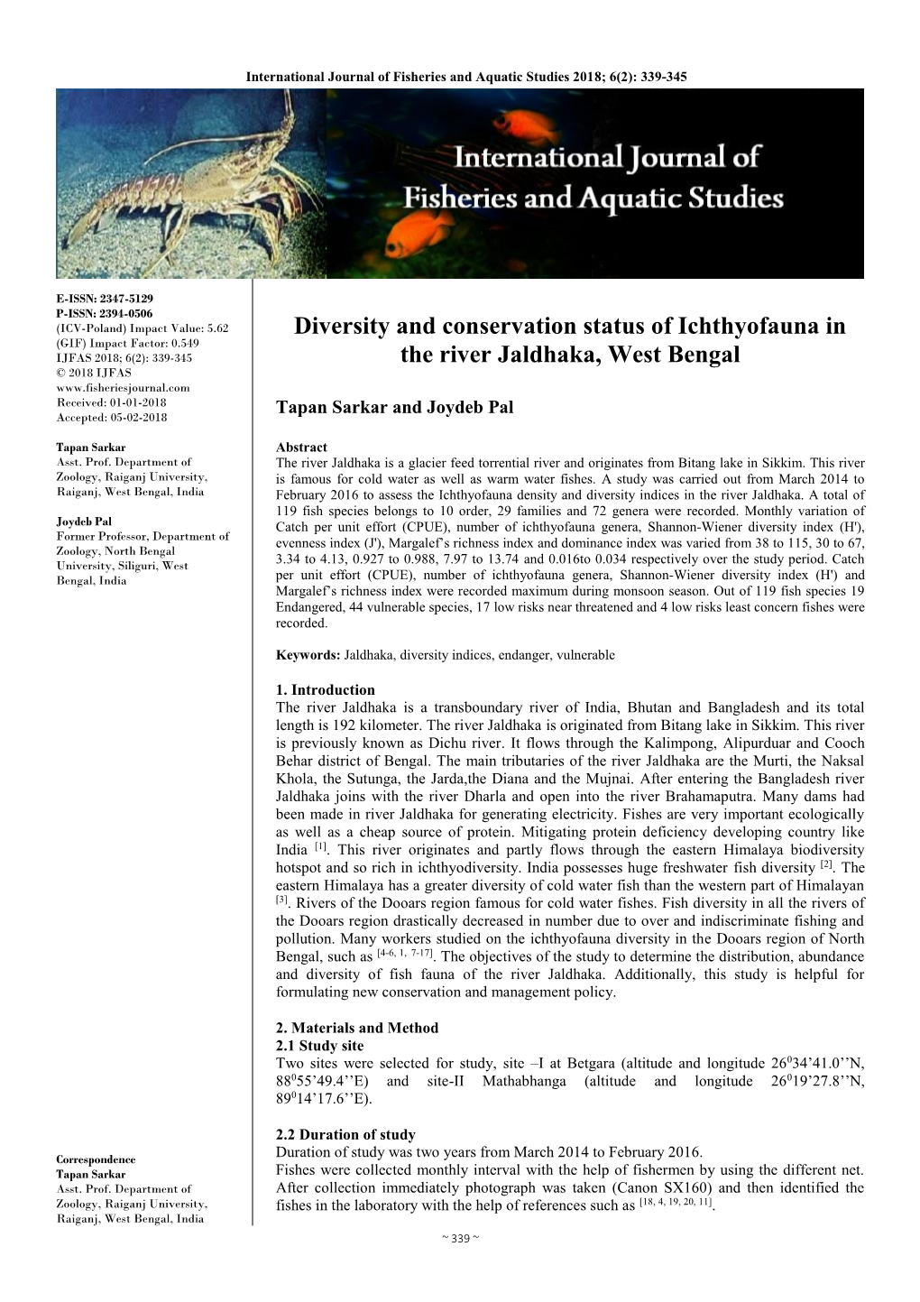 Diversity and Conservation Status of Ichthyofauna in the River Jaldhaka