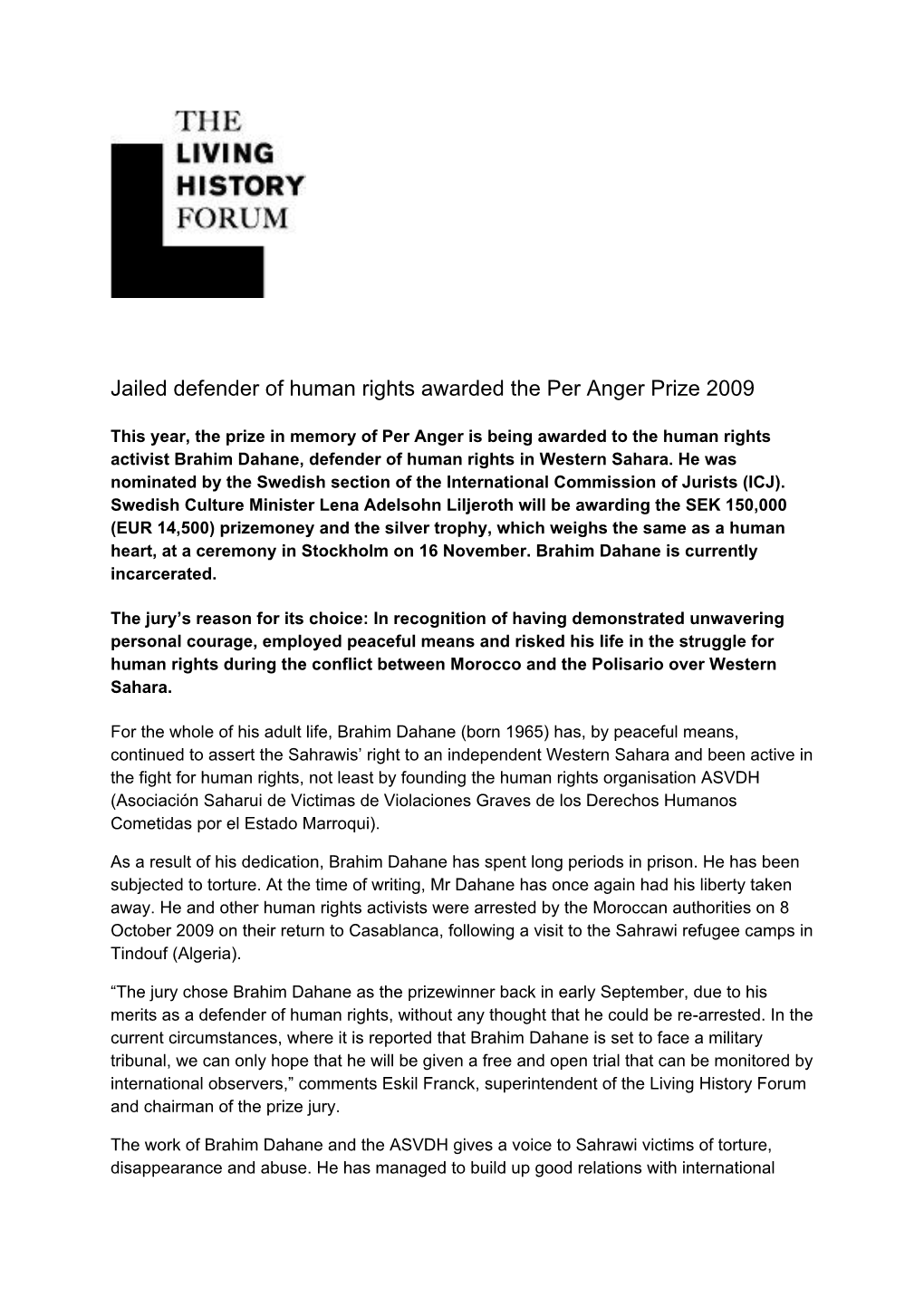 Western Sahara-Per Anger Prize-Press Release-2009-Eng