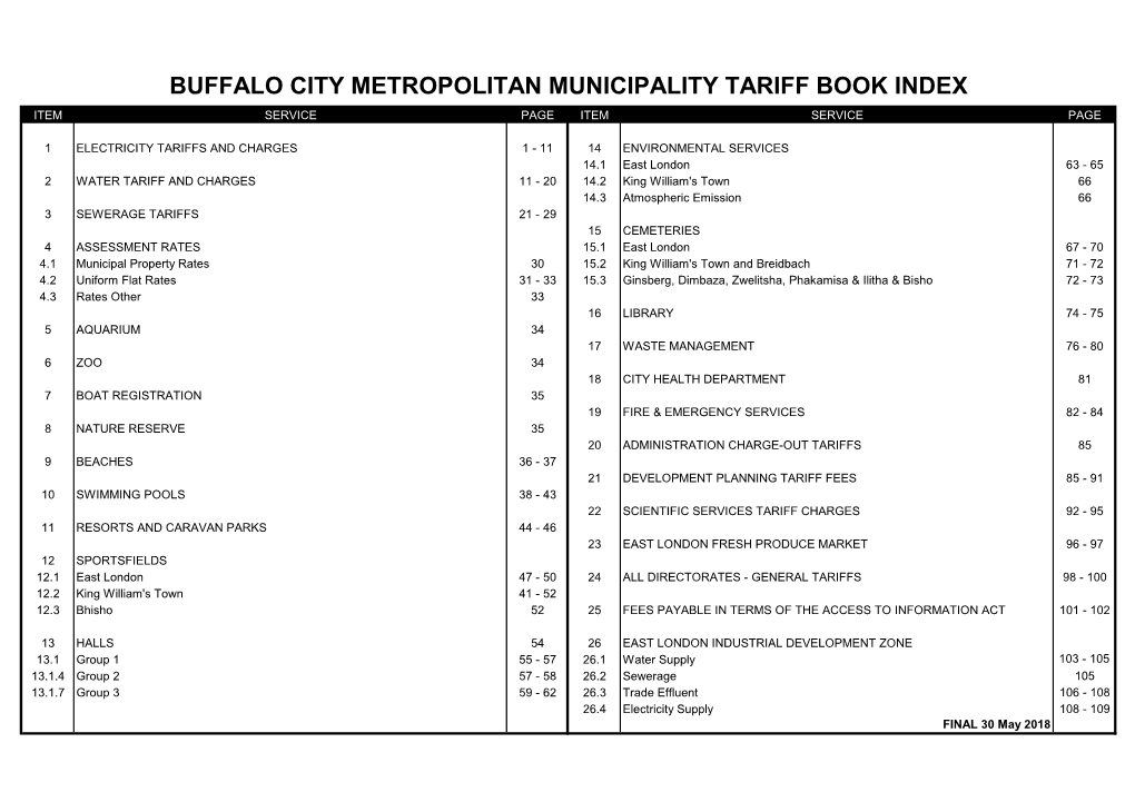 Buffalo City Metropolitan Municipality Tariff Book Index Item Service Page Item Service Page