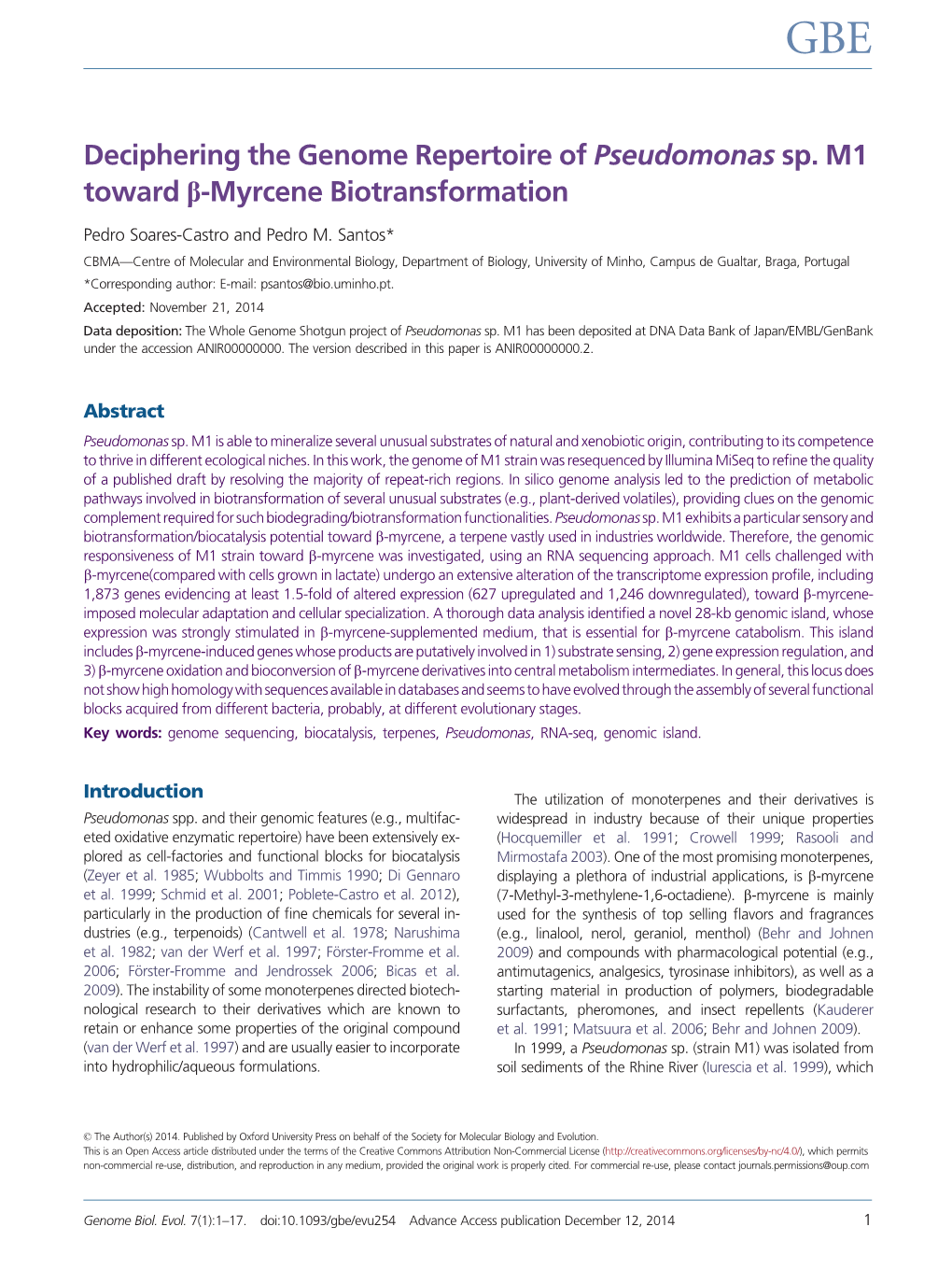 Deciphering the Genome Repertoire of Pseudomonas Sp. M1 Toward B-Myrcene Biotransformation