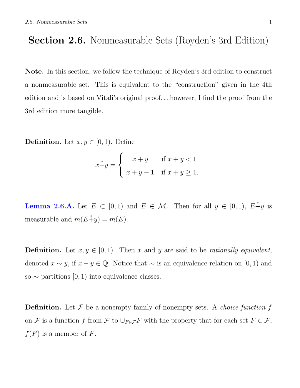 Section 2.6. Nonmeasurable Sets (Royden's 3Rd Edition)