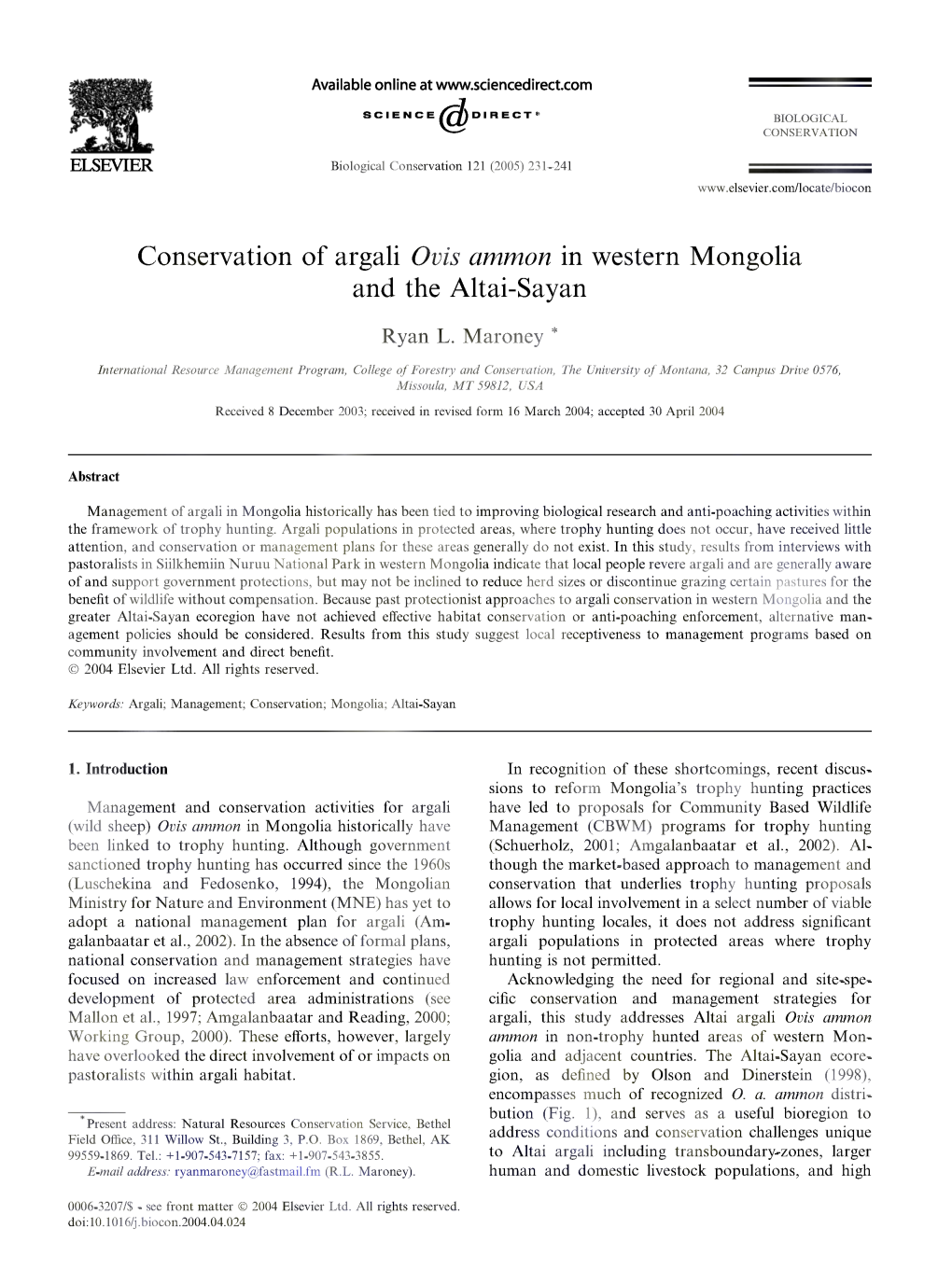 Conservation of Argali (Ovis Ammon) in Mongolia and the Altai- Sayan