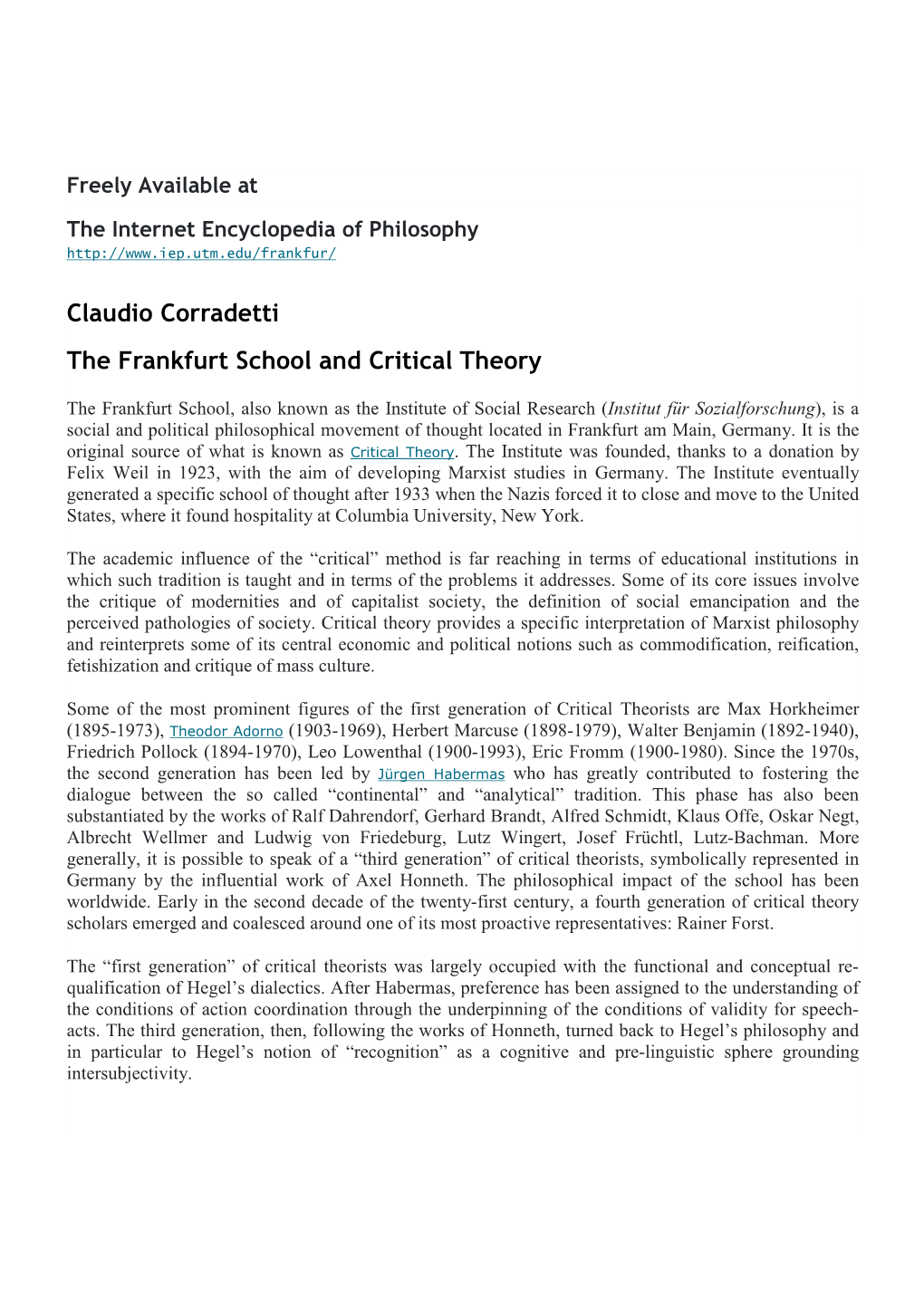 The Frankfurt School Internet Encyclopedia of Philosophy