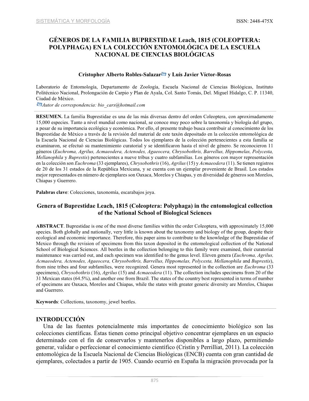 GÉNEROS DE LA FAMILIA BUPRESTIDAE Leach, 1815 (COLEOPTERA: POLYPHAGA) EN LA COLECCIÓN ENTOMOLÓGICA DE LA ESCUELA NACIONAL DE CIENCIAS BIOLÓGICAS