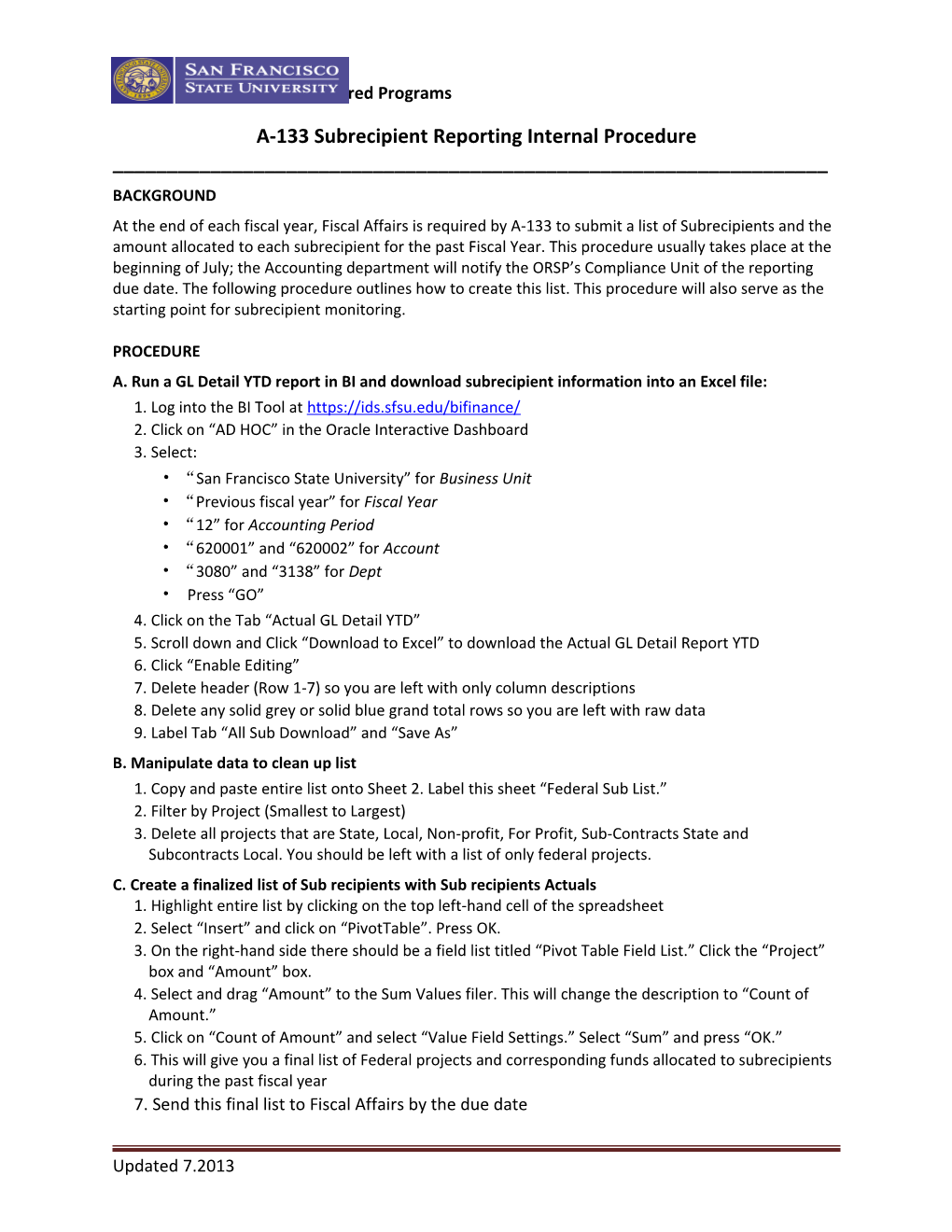 A-133 Subrecipient Reporting Internal Procedure