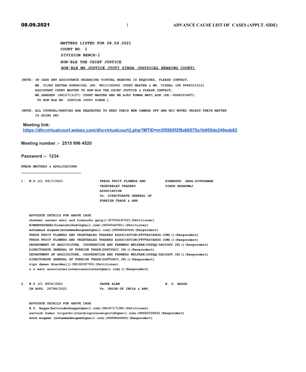 1 ADVANCE CAUSE LIST of CASES (APPLT. SIDE) Meeting Link: Https